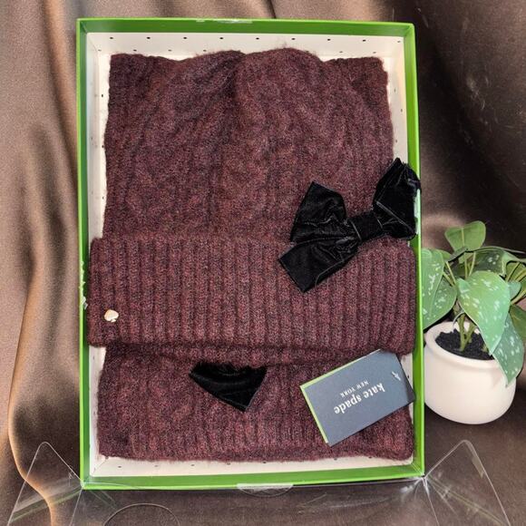 Kate Spade New York Accessories - Kate Spade New York burgundy velvet cable knit scarf and hat set